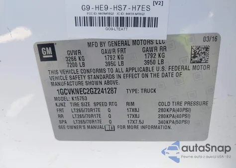 2016 Chevrolet Silverado 1500 Wt из США, поврежденный, VIN 1GCVKNEC2GZ241287